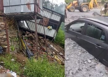 कर्णप्रयाग में बारिश से आफत: बाजार में भूधंसाव से दुकानें क्षतिग्रस्त, मलबे में फंसी कार, नैनीताल हाईवे बंद