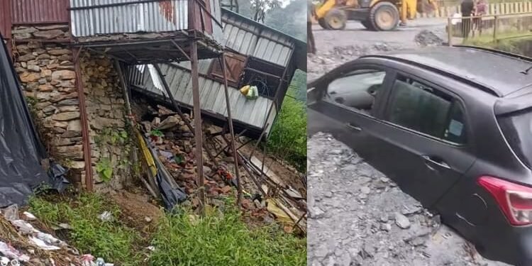 कर्णप्रयाग में बारिश से आफत: बाजार में भूधंसाव से दुकानें क्षतिग्रस्त, मलबे में फंसी कार, नैनीताल हाईवे बंद