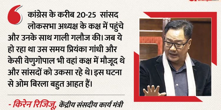 Parliament: 'कांग्रेस के 20-25 सांसद ओम बिरला के कक्ष में गए और उन्हें गालियां दीं', रिजिजू का विपक्ष पर आरोप