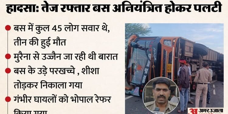 एमपी के ब्यावरा में बारातियों से भरी बस पलटी: तीन की मौत व 26 घायल, आठ की हालत नाजुक; खुशियां मातम में बदली